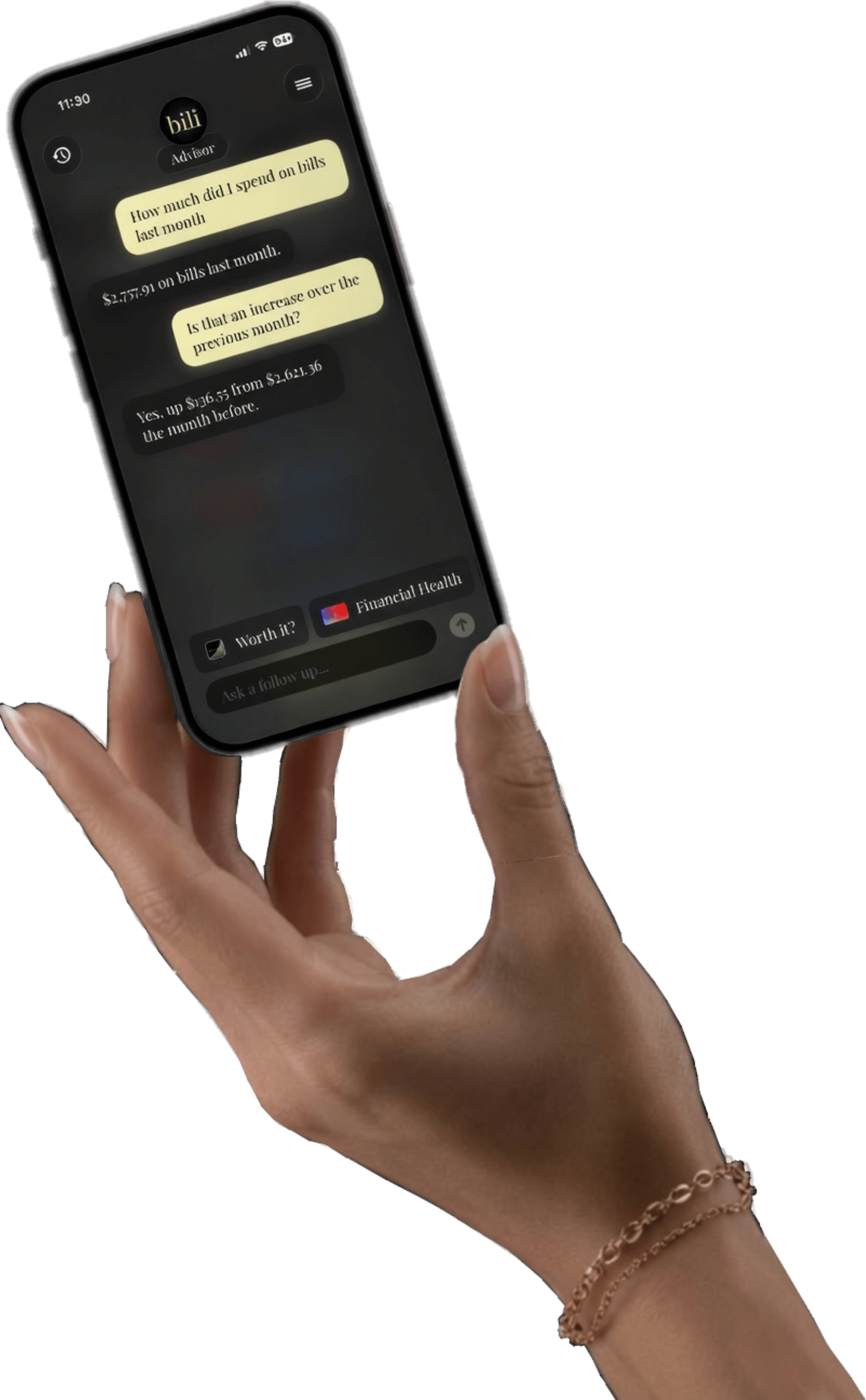Hand holding iPhone running Bili Advisor